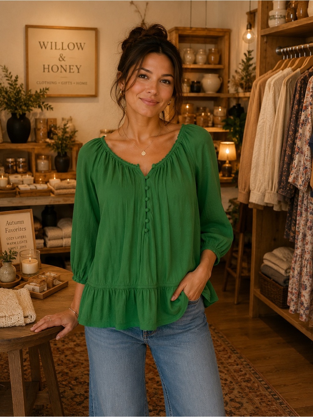 Old Navy Emerald Green Ruffle-Hem Peasant Blouse EUC Size L